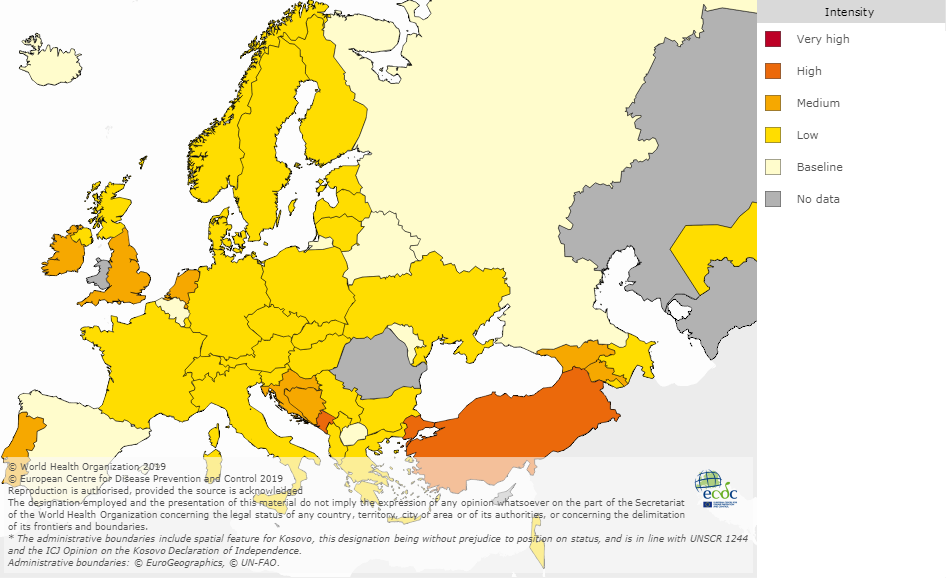 Уровень заболеваемости гриппом в Европе