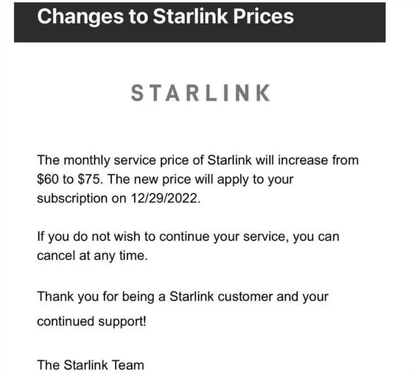 Компания SpaceX Илона Маска повысила тарифы для украинских абонентов Starlink